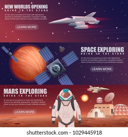 Vector illustration of different banners with planets colonization, astronaut dedicated to space exploring, spaceship force, solar system exploration by satellites.