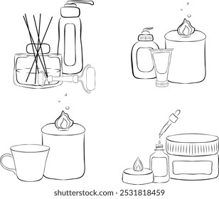 Vector illustration with different beauty jars, candles. A set of line trendy compositions for printing on clothes and interior decoration.
