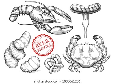 Vector illustration of a different beer snacks set in a hand drawn vintage engraving style. Lobster, crisp wavy chips, pretzel cracker, crab, sausage on a fork.