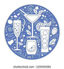 Vector illustration with different beverage and decoration elements. Flat style. Suitable for bar menu design, advertisign or textile print