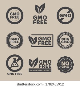 Vector illustration of different black colored GMO free emblems.