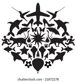 Vector illustration of different black objects grupped into one abstract background.