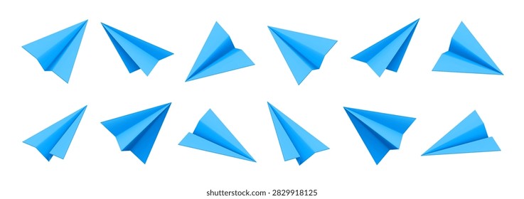 Vector illustration of different blue paper airplanes or aeroplanes related to aviation and travel, origami and toys, business concepts. Symbol for website or app UI, logo design, illustration