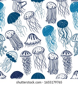 Vector illustration of different blue silhouettes jellyfish seamless surface pattern