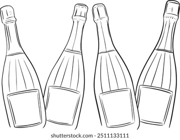 Vektorgrafik verschiedener Flaschen feinen Schaumweins. Schwarz und weiß.