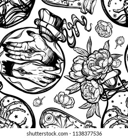 Vector illustration. different bottles of potions, mysticism, tattoos. Handmade, prints on T-shirts, background chalkboard,seamless pattern,light background