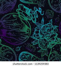 Vector illustration. different bottles of potions, mysticism, tattoos. Handmade, prints on T-shirts, background dark blue, seamless pattern, purple green blue color