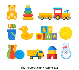 Vector illustration of different bright toys for baby children isolated on white. 