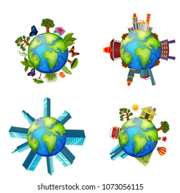 vector illustration of Different buildings on island around the earth