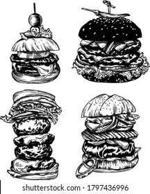 Vector Illustration of different burgers. with detailed drawing in the style of the sketch.