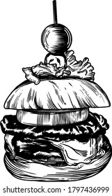 Vector Illustration of different burgers. with detailed drawing in the style of the sketch.