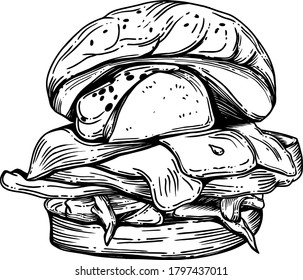 Vector Illustration of different burgers. with detailed drawing in the style of the sketch.