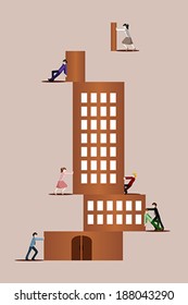 A vector illustration of different business people trying to stack together a building puzzle for teamwork  concept