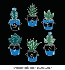 Vector illustration with different cactus isolated on black background. Simple Illustration with succulents. Hand drawn illustration with house plants for cloth, textile, wrapping.