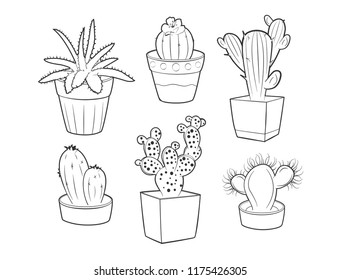 Vector illustration of different cactuses and succulents in pots set. Black and white linear outline drawing isolated on white background.