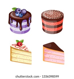 Vector illustration of different cakes. Set of colorful desserts with fruits. Cakes with different fillings. 