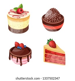 Vector illustration of different cakes. Set of colorful desserts with fruits. Cakes with different fillings. 