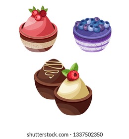 Vector illustration of different cakes. Set of colorful desserts with fruits. Cakes with different fillings. 