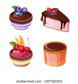 Vector illustration of different cakes. Set of colorful desserts with fruits. Cakes with different fillings. 