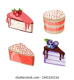 Vector illustration of different cakes. Set of colorful desserts with fruits. Cakes with different fillings. 