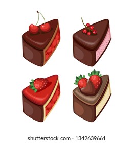 Vector illustration of different cakes. Set of colorful desserts with fruits. Cakes with different fillings. 