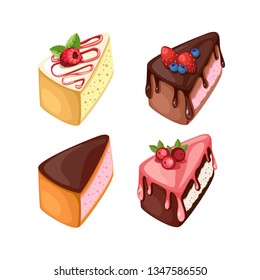 Vector illustration of different cakes. Set of colorful desserts with fruits. Cakes with different fillings. 