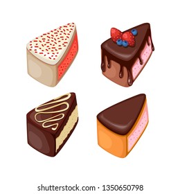 Vector illustration of different cakes. Set of colorful desserts with fruits. Cakes with different fillings. 
