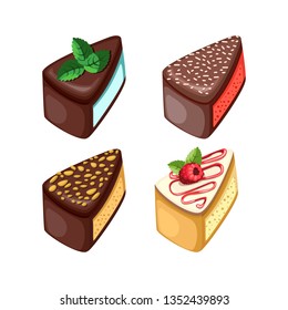 Vector illustration of different cakes. Set of colorful desserts with fruits. Cakes with different fillings. 
