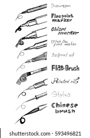 Vector illustration of different calligraphy instruments set: drawing pen, finepoint, ultra fine point and chisel marker, ballpoint and pointed dip pen nibs, flat and chinese brushes, stylus.