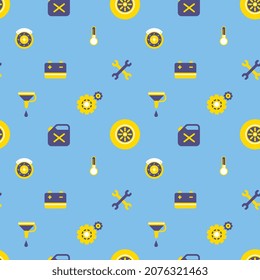 Vector illustration of different car equipment on blue color background. Flat line art style design of car part seamless pattern for web, site, banner, print, textile