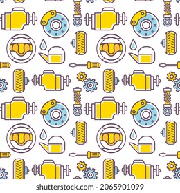 Vector illustration of different car part on white background. Line art style design of car seamless pattern for web, site, banner, print