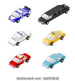 A vector illustration of different cars.
Isometric Cars.
Commercial and personal transport Icons.