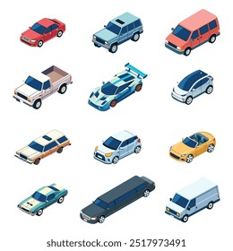 Um vetor ilustração de diferentes veículos automóveis Isométrica