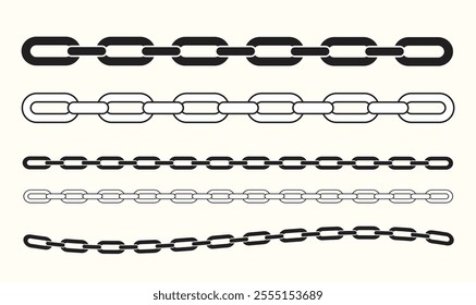 Vector illustration of different chain designs, including bold and thin black-and-white chain links, displayed in straight and wavy patterns. - Powered by Shutterstock - Get 15% off with code: PIKWIZARD15
