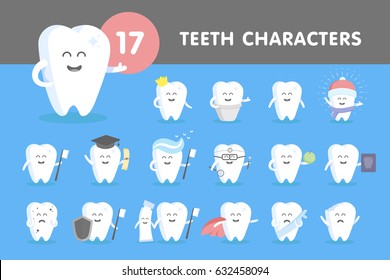 Vector illustration of different cheerful and sad teeth characters