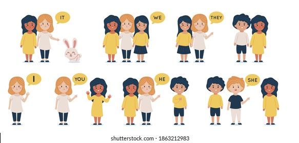 Vector illustration of different child speaking , taking in English with each other.