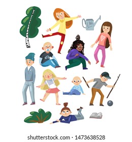 vector illustration of different children playing, different people, vector icons, isolated images of people in motion