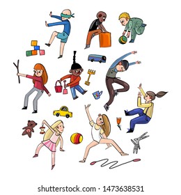 vector illustration of different children playing, different people, vector icons, isolated images of people in motion