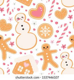 Vector illustration of different christmas homemade ginger cookies and sweets. Seamless pattern design for wrapping paper, fabric, packaging, textile print background design.