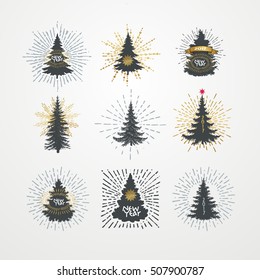 Vector illustration of different christmas trees with starburst
