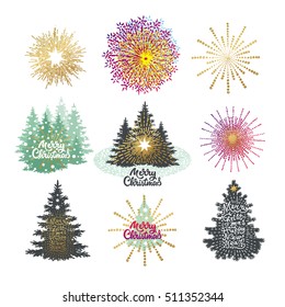 Vector illustration of different christmas trees with firework