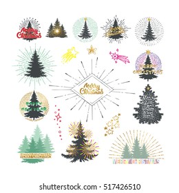 Vector illustration of different christmas trees with firework