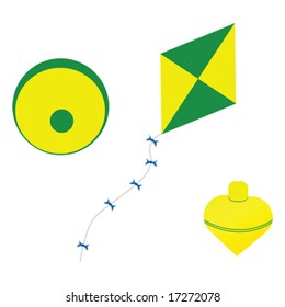 Vector illustration of different classic children toys: ball, kite and a spinning top