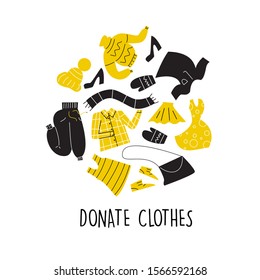 Vector Illustration of different clothes for donation. Circle composition. Charity day and social care concept. Second hand, flea market.