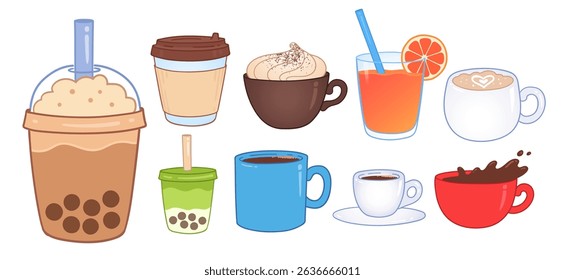 Vector illustration of different coffee, bubble tea, and juice cups. Bright and fun flat illustration of drink objects.