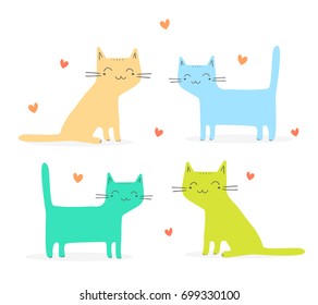 Vector illustration of different color cartoon cats set. Lovely happy kittens stand and sit on white background with hearts. Simple geometric flat style design for poster, greeting card, print, tshirt