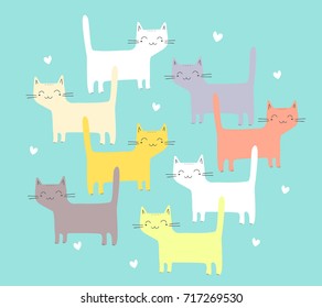 Vector illustration of different color cartoon cats set. Lovely happy kittens. Many cats on green background with hearts. Simple geometric flat style design for poster, greeting card, print, sticker