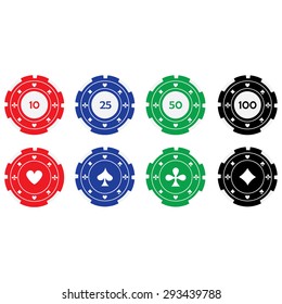 Vector illustration of different color casino chips red, blue, green and black with card suits. Poker chips. Gambling chips. Casino chips with nominal value
