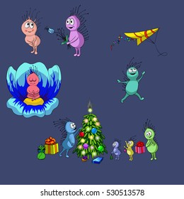 Vector illustration of different color creatures and celebrations of some holidays. Hand made drawing