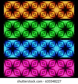 Vector illustration different color glowing border set. All borders can be used as seamless background.